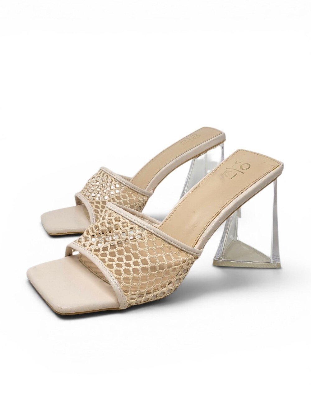 Yoki Nude Beige Mesh Slide Heels with Clear Block Heel Size 9